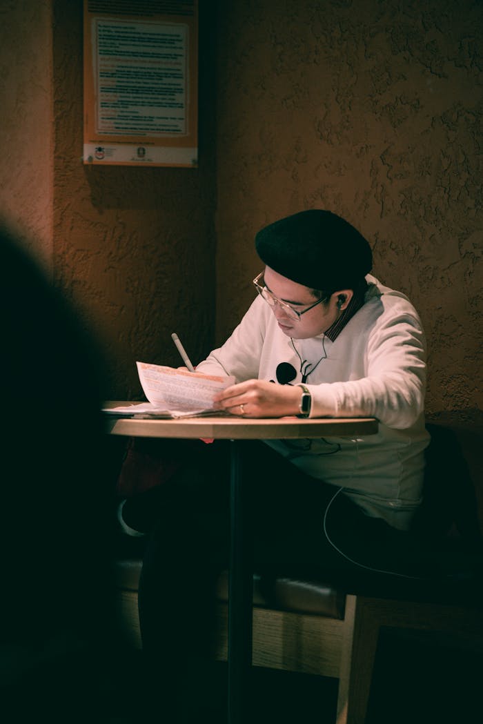 heros-img A focused young adult wearing eyeglasses writes notes at a cozy cafe table in Turin, Italy.